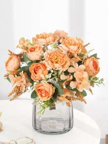 1/3PCS 人造牡丹花丝绸绣球花束，婚礼装饰，新娘手捧花材料，家居，餐厅，卧室，阳台，花瓶装饰，户外花园，情人节，新年装饰 - 橘色 - 查看 1