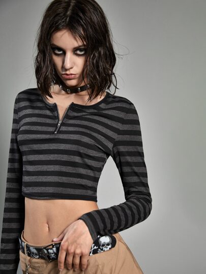 Grunge Punk Striped Half Zip Crop Tee