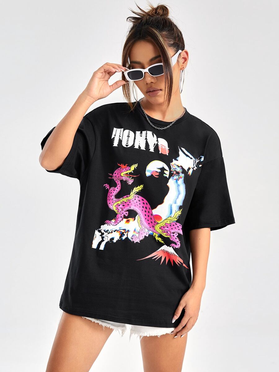 LUC WANG Camiseta de hombros caídos con estampado de letra y dibujos animados - Negro - Ver 1