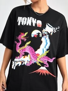 LUC WANG Camiseta de hombros caídos con estampado de letra y dibujos animados - Negro - Ver 3