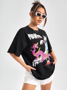 LUC WANG Camiseta de hombros caídos con estampado de letra y dibujos animados - Negro - Ver 4