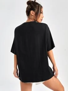 LUC WANG Camiseta de hombros caídos con estampado de letra y dibujos animados - Negro - Ver 2