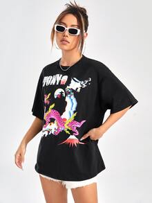 LUC WANG Camiseta de hombros caídos con estampado de letra y dibujos animados - Negro - Ver 6