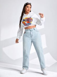 SHEIN EZwear Jeans de ajuste mom con diseño de parche - Lavado ligero - Ver 3