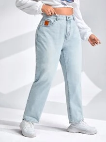 SHEIN EZwear Jeans de ajuste mom con diseño de parche - Lavado ligero - Ver 5