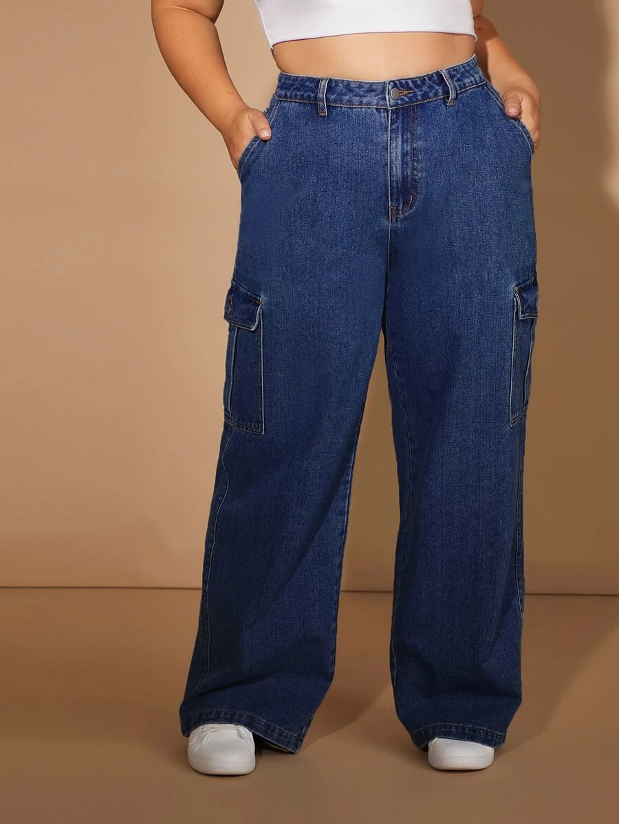 Plus High Waist Flap Pocket Side Cargo Jeans - Dark Wash - View 1