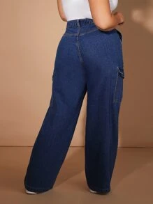 Plus High Waist Flap Pocket Side Cargo Jeans - Dark Wash - View 2