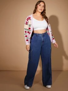 Plus High Waist Flap Pocket Side Cargo Jeans - Dark Wash - View 3