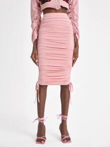 EBIB Drawstring Ruched Bodycon Skirt - Baby Pink - View 3