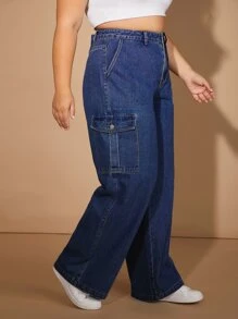 Plus High Waist Flap Pocket Side Cargo Jeans - Dark Wash - View 5