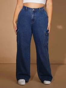 Plus High Waist Flap Pocket Side Cargo Jeans - Dark Wash - View 4