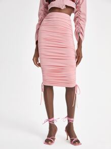 EBIB Drawstring Ruched Bodycon Skirt - Baby Pink - View 6