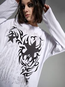 ROMWE Grunge Punk Star Graphic Drop Shoulder Tee - White - View 3