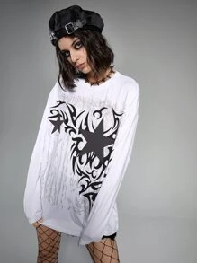 ROMWE Grunge Punk Star Graphic Drop Shoulder Tee - White - View 4