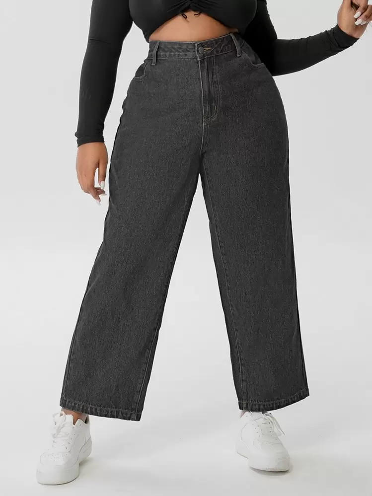 SHEIN SXY Plus Slant Pocket Wide Leg Jeans - Black - View 1