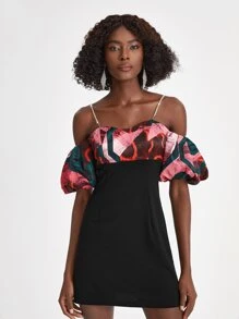 EBIB Designer Graphic Print Rhinestone Chain Shoulder Strap Puff Sleeve Fitted Dress, Holiday, Party - Multicolor - View 1