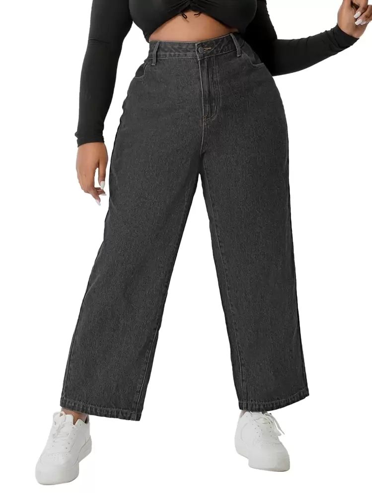 SHEIN SXY Plus Slant Pocket Wide Leg Jeans - Black - View 3