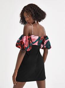 EBIB Designer Graphic Print Rhinestone Chain Shoulder Strap Puff Sleeve Fitted Dress, Holiday, Party - Multicolor - View 2