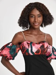 EBIB Designer Graphic Print Rhinestone Chain Shoulder Strap Puff Sleeve Fitted Dress, Holiday, Party - Multicolor - View 3
