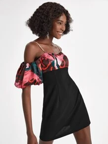 EBIB Designer Graphic Print Rhinestone Chain Shoulder Strap Puff Sleeve Fitted Dress, Holiday, Party - Multicolor - View 4