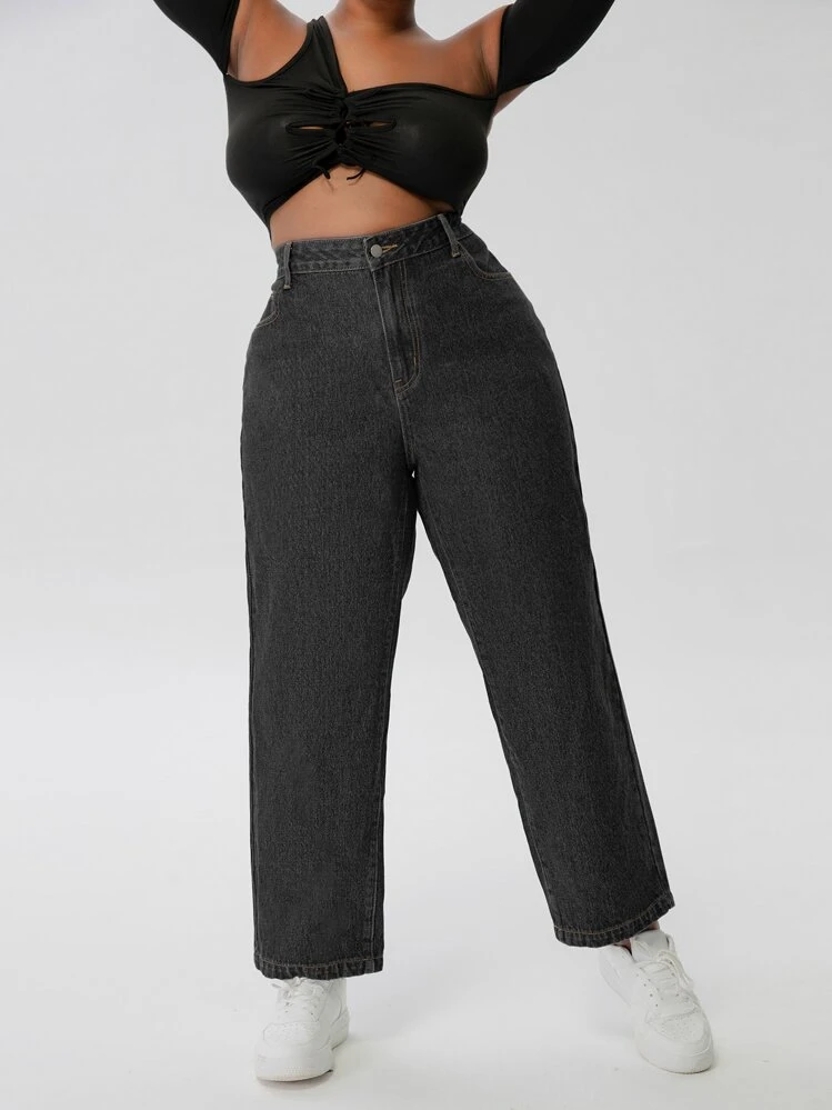 SHEIN SXY Plus Slant Pocket Wide Leg Jeans - Black - View 6