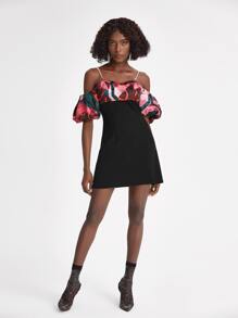 EBIB Designer Graphic Print Rhinestone Chain Shoulder Strap Puff Sleeve Fitted Dress, Holiday, Party - Multicolor - View 5