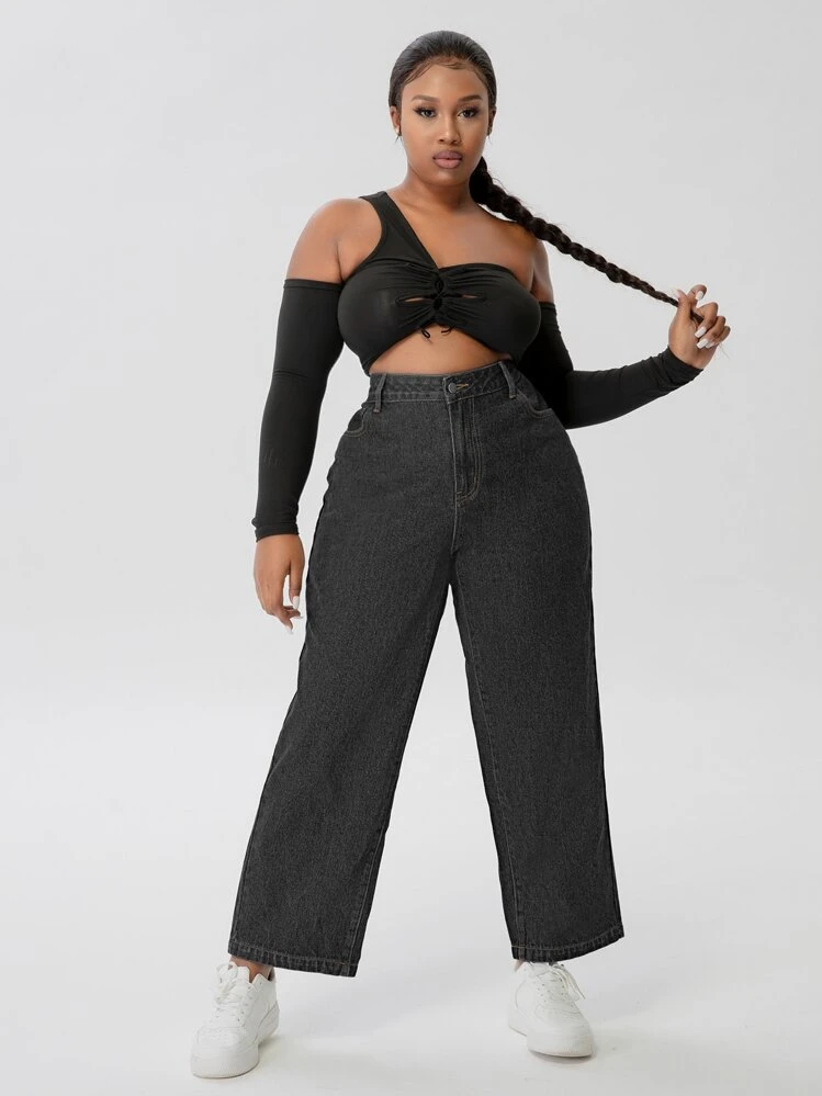 SHEIN SXY Plus Slant Pocket Wide Leg Jeans - Black - View 7