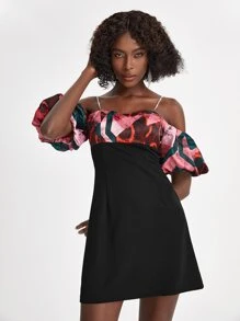 EBIB Designer Graphic Print Rhinestone Chain Shoulder Strap Puff Sleeve Fitted Dress, Holiday, Party - Multicolor - View 7