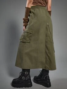 SHEIN x PRISCILA & JIMENA ROMWE Grunge Punk 带盖口袋拉链牛仔半身裙，学校风 - 軍綠色 - 查看 7