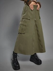 SHEIN x PRISCILA & JIMENA ROMWE Grunge Punk 带盖口袋拉链牛仔半身裙，学校风 - 軍綠色 - 查看 5