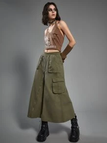 SHEIN x PRISCILA & JIMENA ROMWE Grunge Punk 带盖口袋拉链牛仔半身裙，学校风 - 軍綠色 - 查看 6