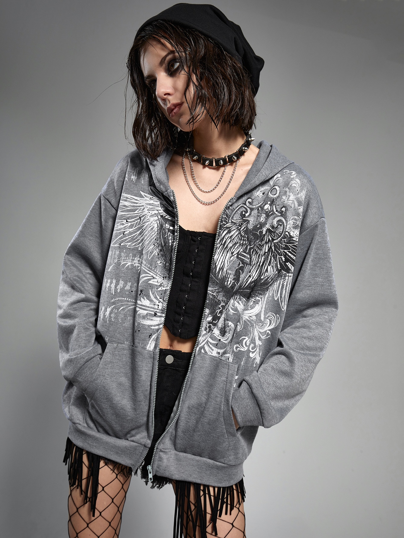 Our Grunge Punk Letter Wings Graphic Zip Up Hoodie is such a vibe
