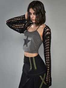 ROMWE Grunge Punk Hollow Out Super Crop Cardigan - Black - View 4