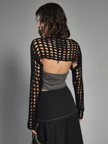 ROMWE Grunge Punk Hollow Out Super Crop Cardigan - Black - View 7