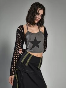 ROMWE Grunge Punk Hollow Out Super Crop Cardigan - Black - View 5