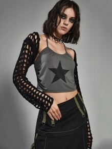 ROMWE Grunge Punk Hollow Out Super Crop Cardigan - Black - View 2