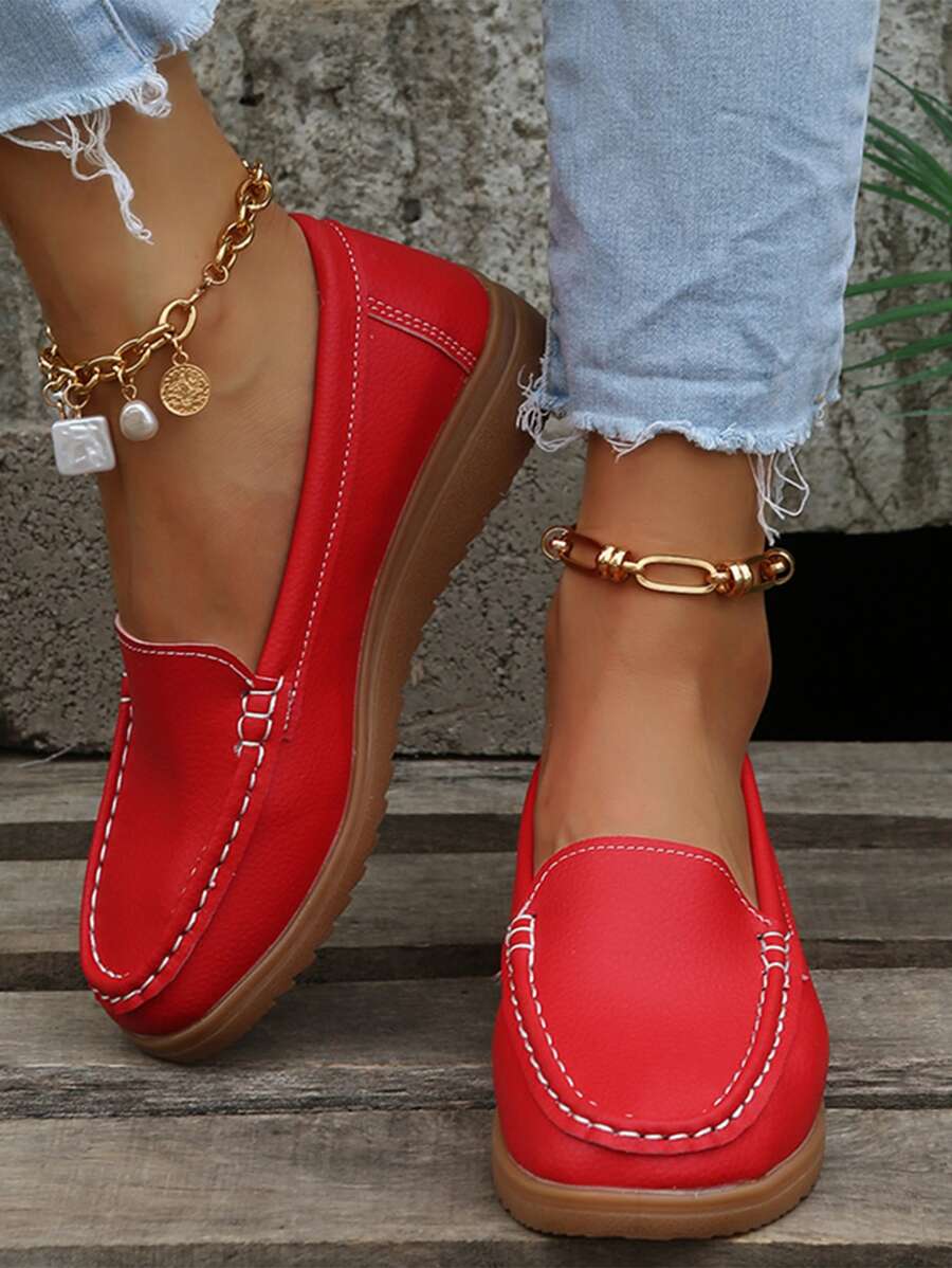 Giày lười đế bằng họa tiết đường khâu màu đỏ neon thu/đông, giày đế bằng màu đỏ đậm dành cho nữ - Đỏ - Xem 1