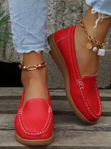 Giày lười đế bằng họa tiết đường khâu màu đỏ neon thu/đông, giày đế bằng màu đỏ đậm dành cho nữ - Đỏ - Xem 4