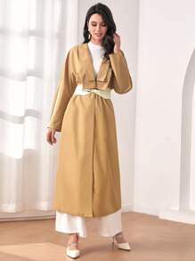 Mulvari Solid Open Front Coat Without Belt - Khaki - View 1