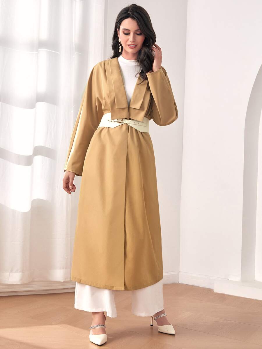 Mulvari Solid Open Front Coat Without Belt - Khaki - View 1