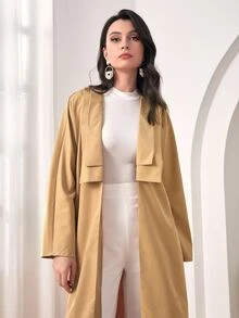 Mulvari Solid Open Front Coat Without Belt - Khaki - View 3