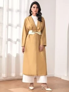 Mulvari Solid Open Front Coat Without Belt - Khaki - View 4