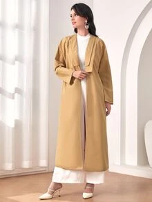 Mulvari Solid Open Front Coat Without Belt - Khaki - View 5