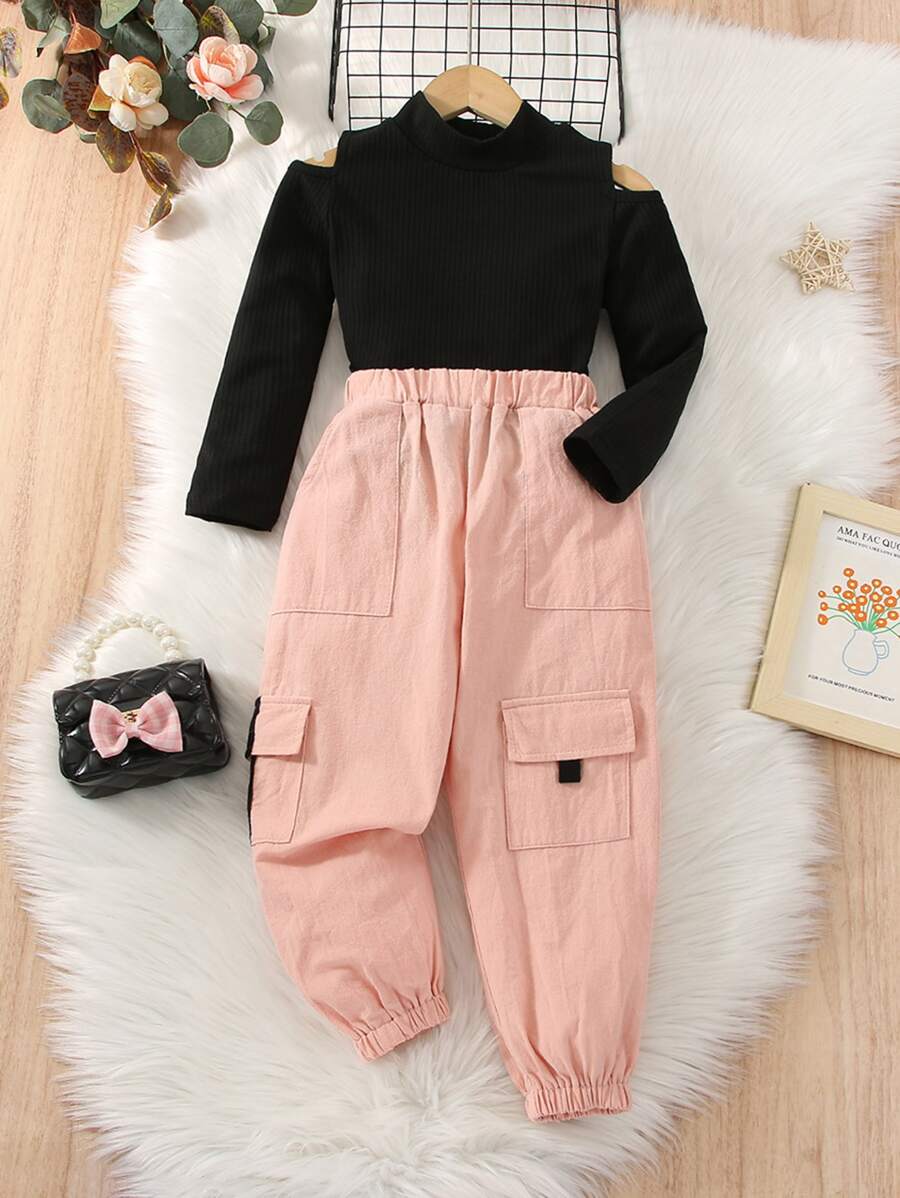 Young Girl Ribbed Knit Tee & Flap Pocket Pants