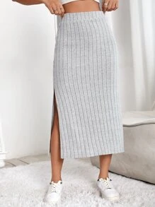 SHEIN Essnce High Waist Split Thigh Skirt - Light Grey - View 3