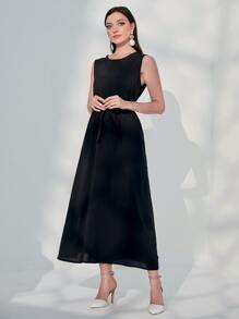 Al Najma Jacquard Abaya With Tank Dress - Black - View 3