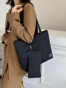 2025 Autumn/Winter Fashion Rhombus Pattern Cotton Tote Bag, Large Capacity Commuter & Shopping Bag, Suitable For College Students - Black - View 3