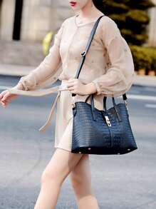 新款时尚复古设计休闲 3 件套包袋（手提包、斜挎包和托特包），容量大，功能多样，适合职场、办公室女士和学生，物有所值，母女搭配女包，最佳母亲节礼物创意，书包套装，轻便，便携，大容量，商务休闲，适合少女女大学生，非常适合办公室、大学、中学、高中、工作、商务、通勤、体育场、运动、购物、度假 - 黑色 - 查看 7