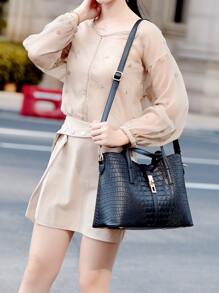 新款时尚复古设计休闲 3 件套包袋（手提包、斜挎包和托特包），容量大，功能多样，适合职场、办公室女士和学生，物有所值，母女搭配女包，最佳母亲节礼物创意，书包套装，轻便，便携，大容量，商务休闲，适合少女女大学生，非常适合办公室、大学、中学、高中、工作、商务、通勤、体育场、运动、购物、度假 - 黑色 - 查看 8