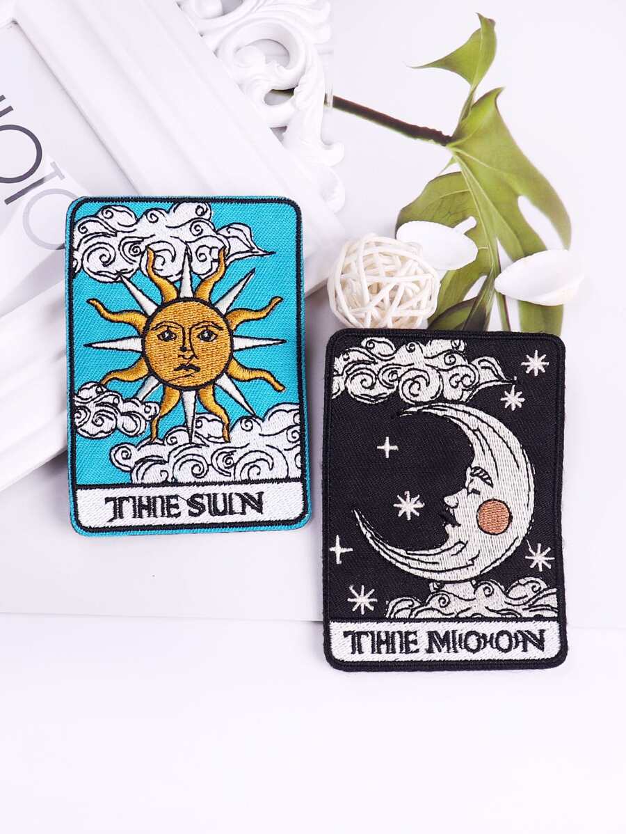 2 piezas Parche termoadhesivo luna & con bordado de sol